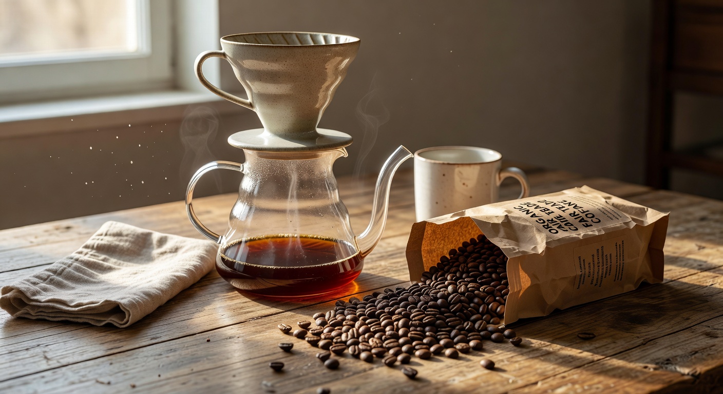 Set de café pour over de madera y cristal